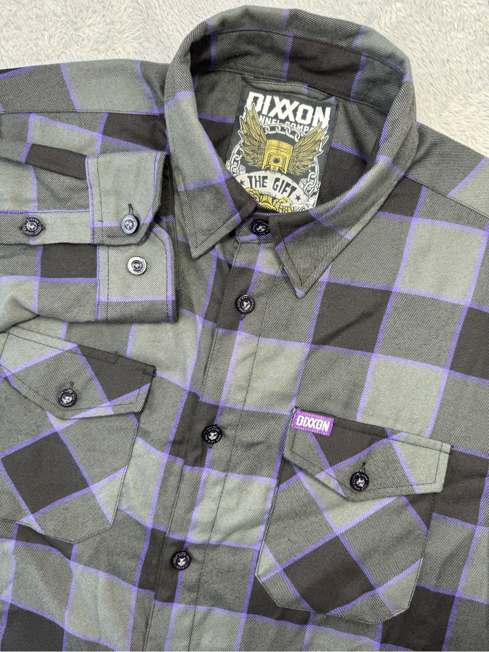 Dixxon The Gift Gray Purple Plaid Flannel Shirt Approx Men’s Large